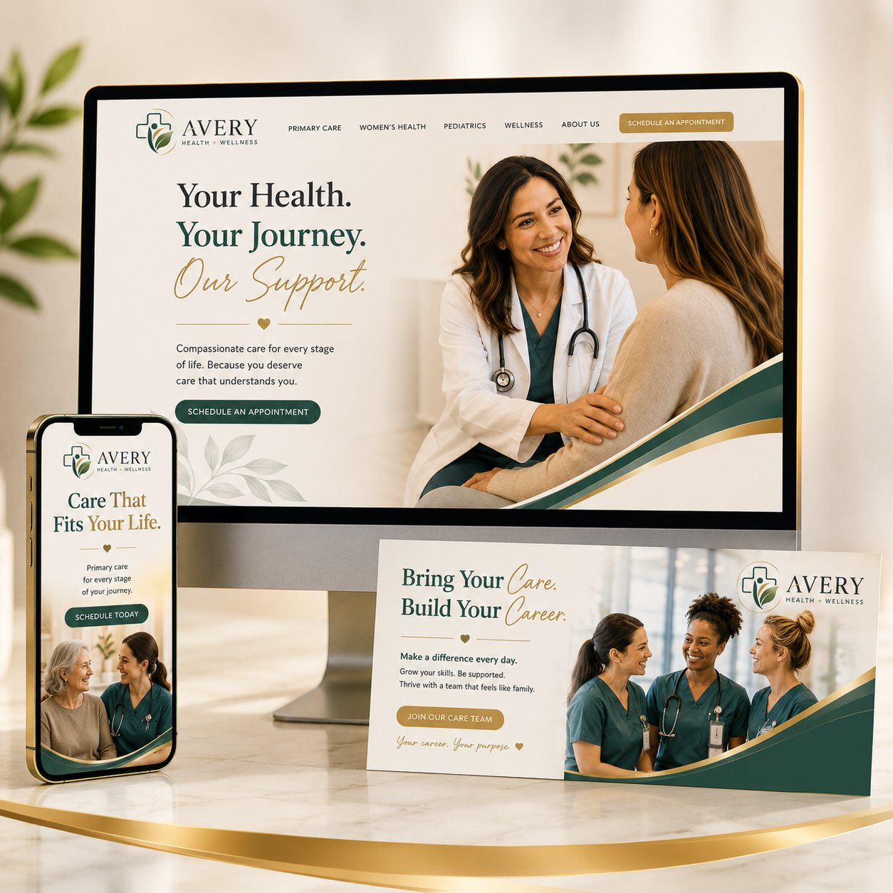 Avery Healthcare branding and website design for a modern primary care clinic