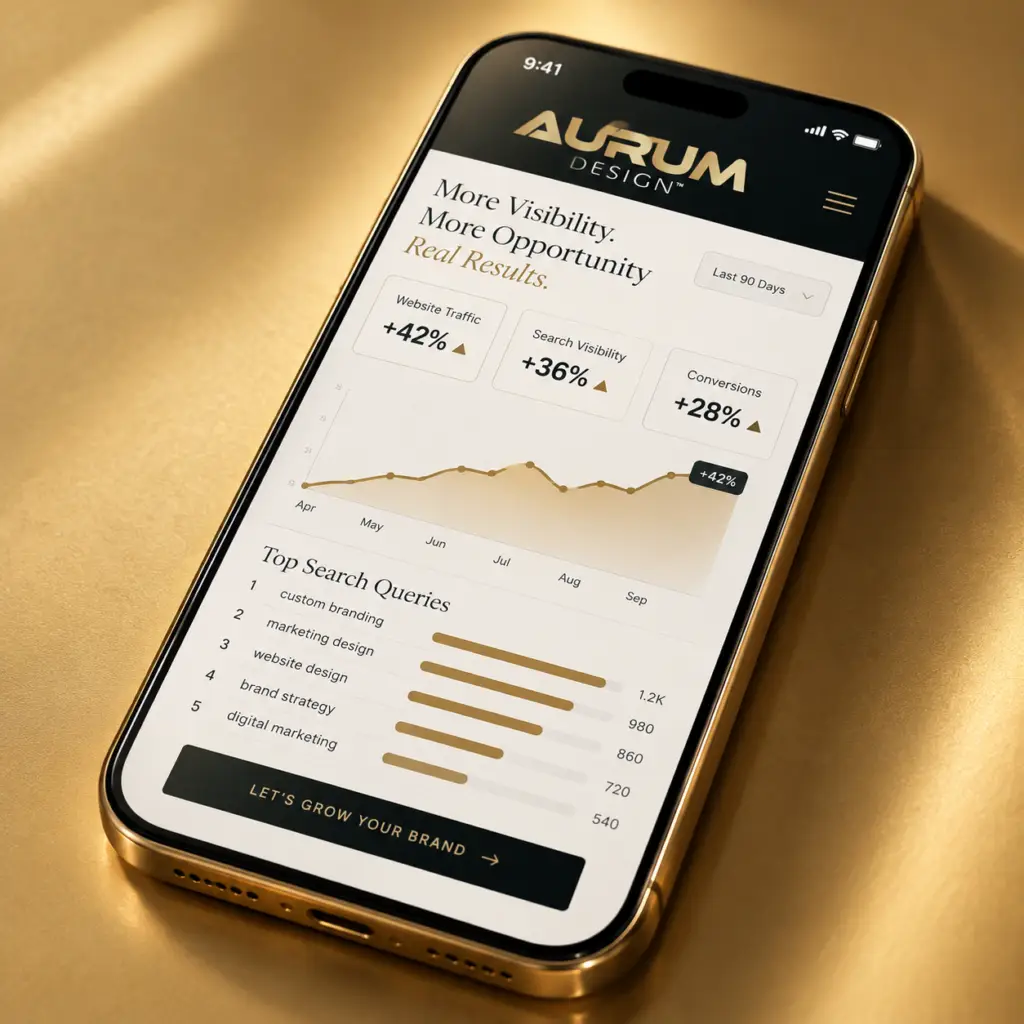 Mobile marketing performance dashboard representing search visibility, website traffic and digital marketing results