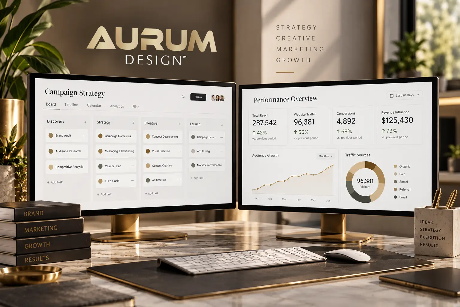 Campaign strategy and performance dashboards representing marketing planning, audience growth and results