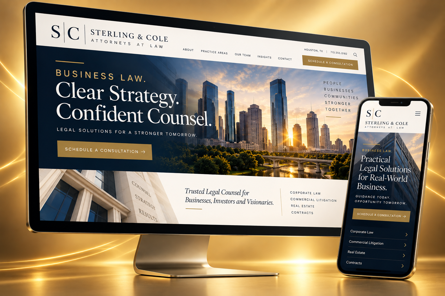 Responsive law firm website design shown across desktop and mobile devices