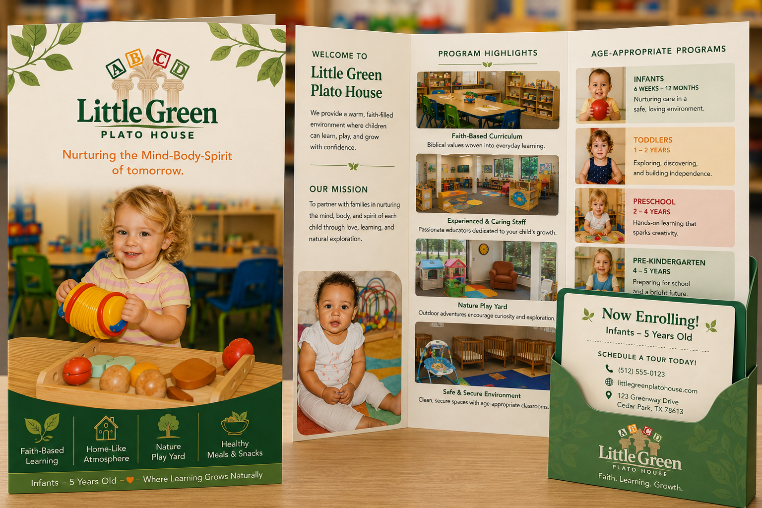 Daycare brochure layout design featuring Little Green Plato House programs and childcare photography