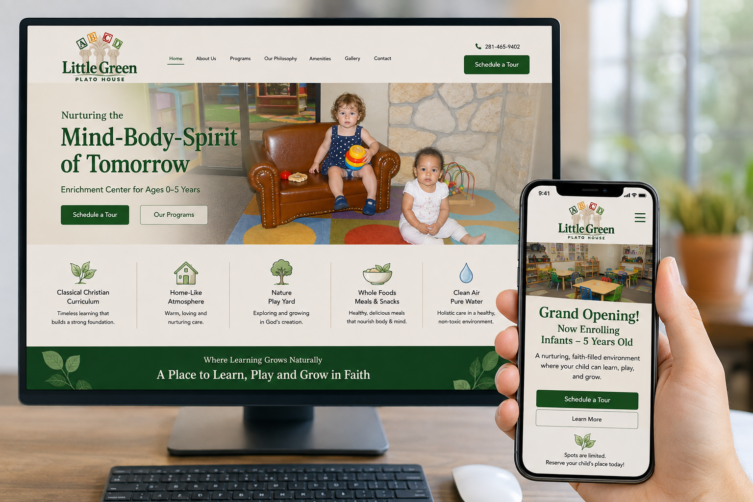 Mobile childcare website design for Little Green Plato House enrollment marketing