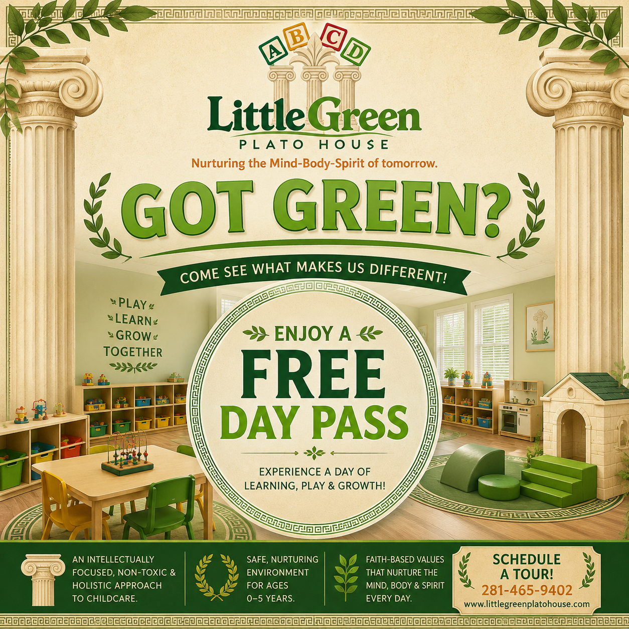Little Green Plato House daycare social media advertising for a free day pass promotion