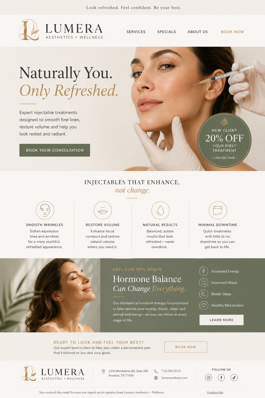 Lumera medical spa website design and email blasts featuring aesthetic and wellness services