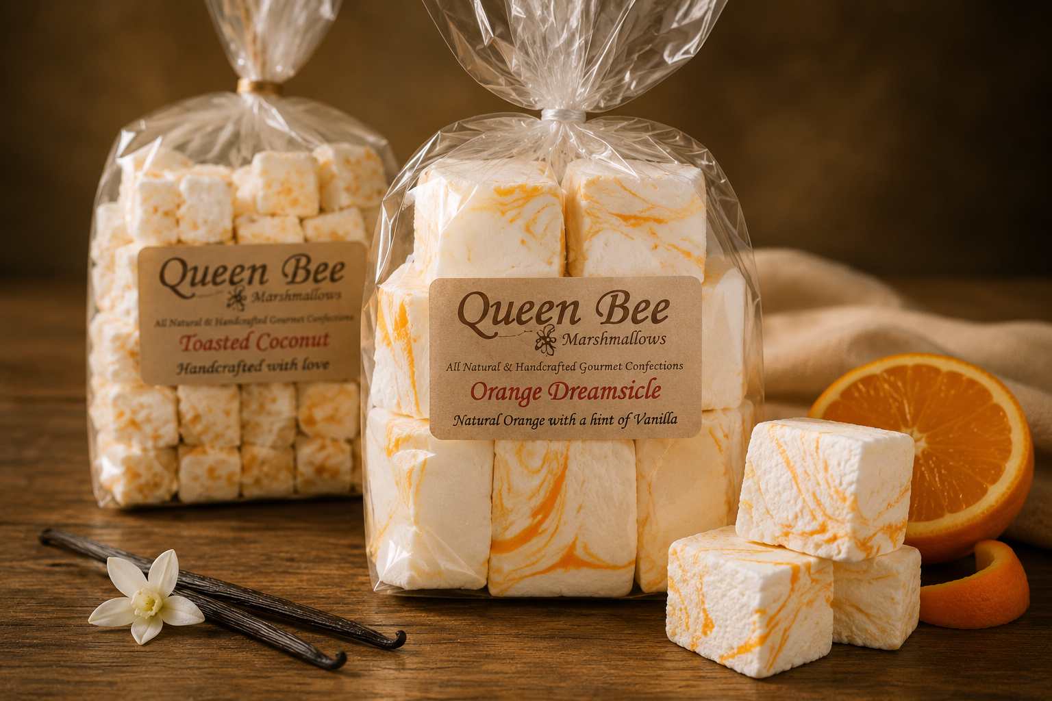 Queen Bee Marshmallows branded product photography for gourmet confection marketing