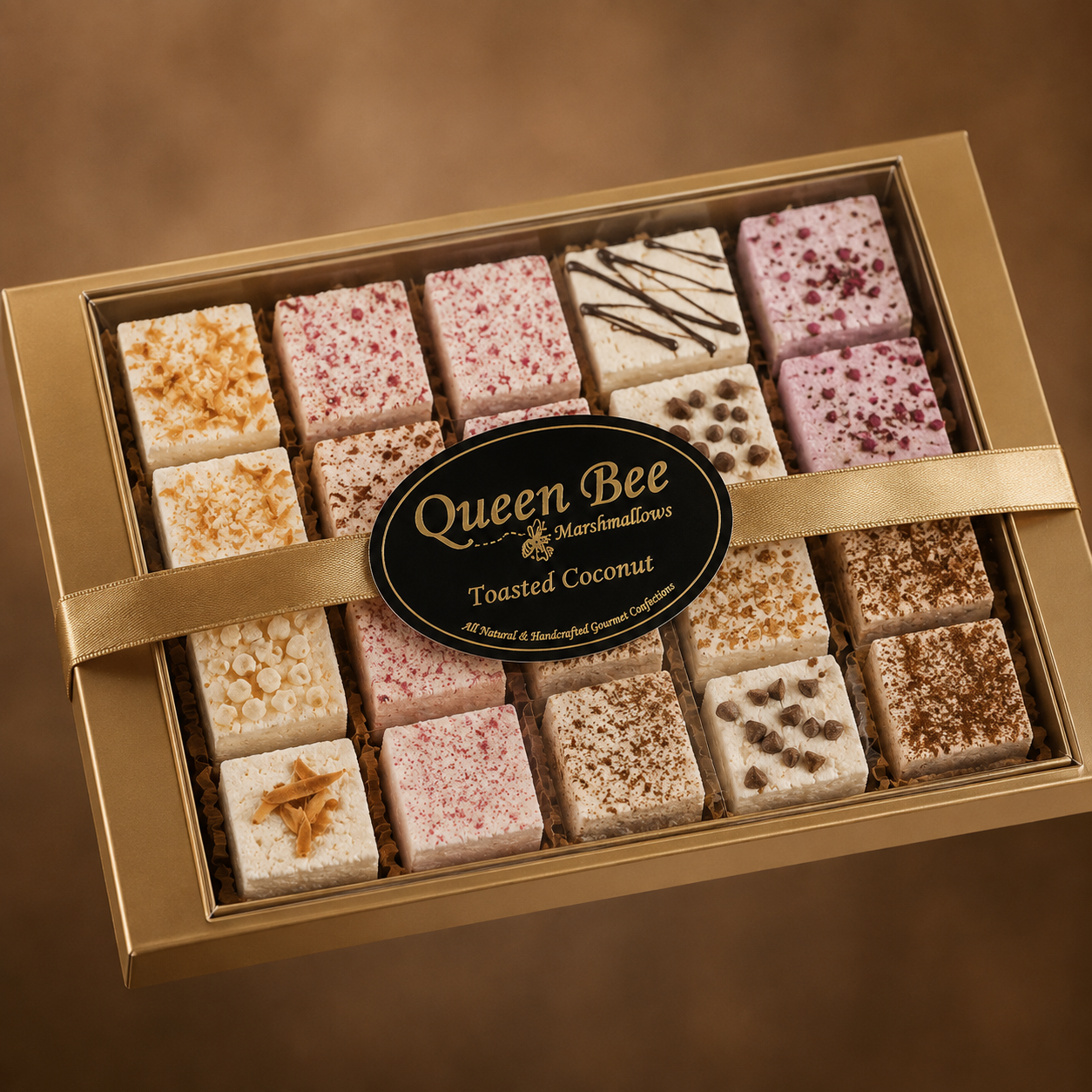 Queen Bee Marshmallows gourmet gift box packaging design