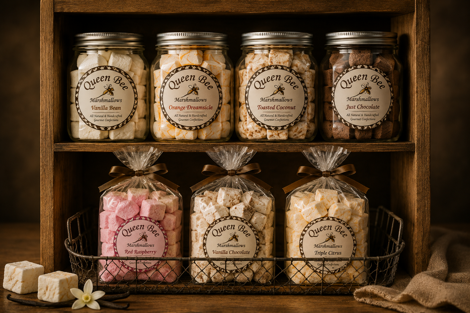 Queen Bee Marshmallows multi-SKU packaging label system for gourmet confection flavors