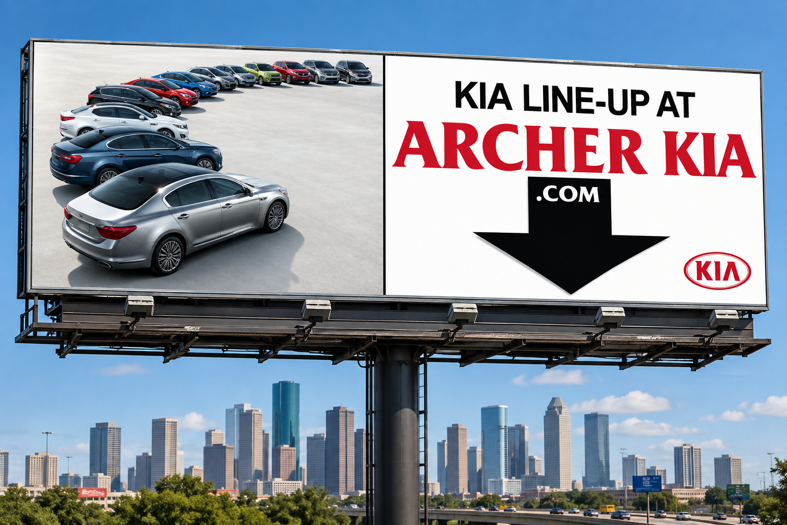 Archer Kia automotive billboard advertising featuring dealership vehicle lineup