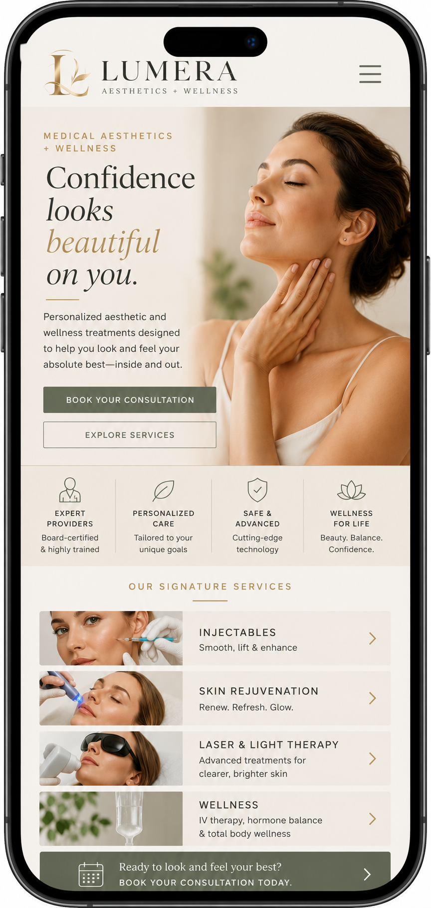 Lumera responsive medical spa website design displayed on mobile
