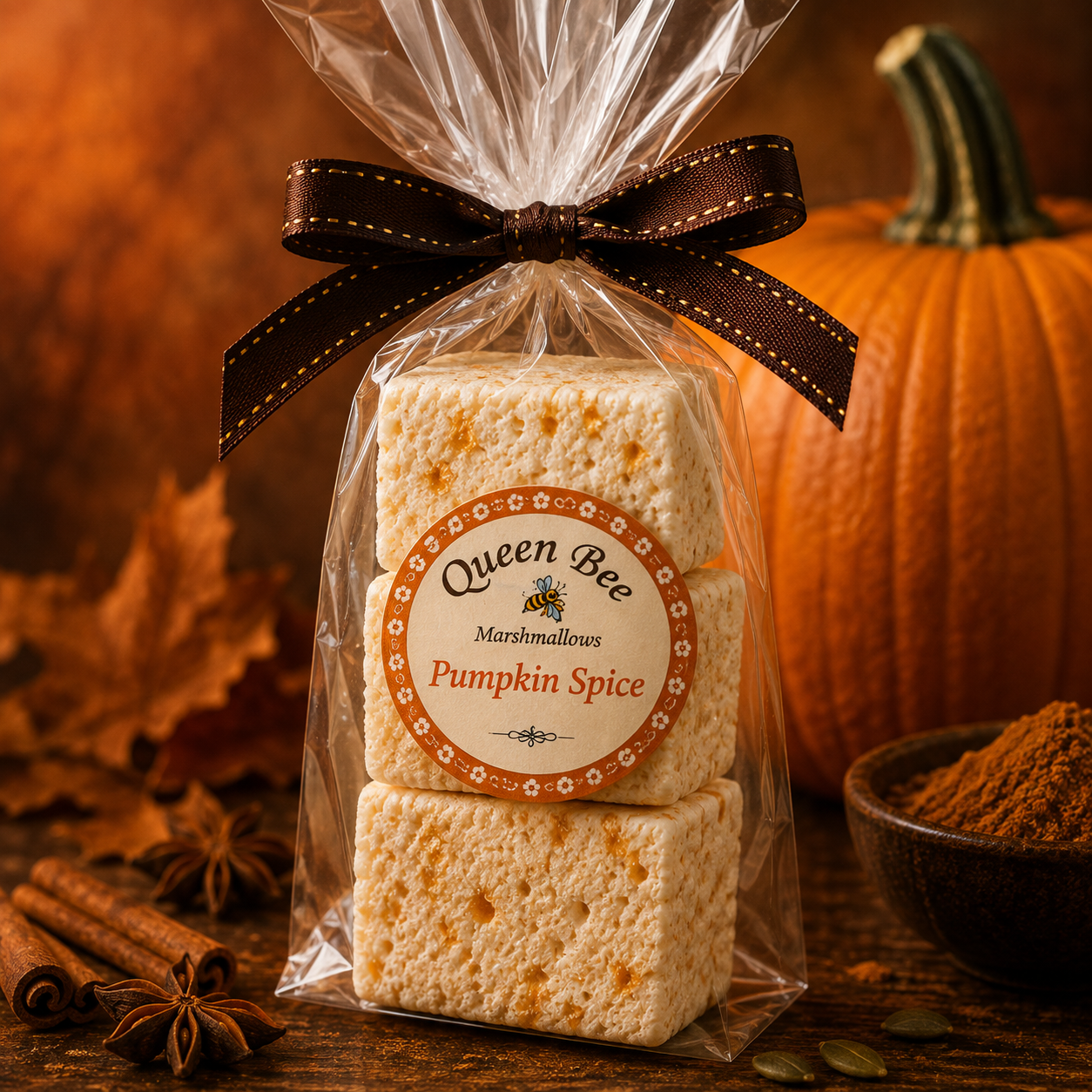 Queen Bee Marshmallows Pumpkin Spice seasonal packaging and label design