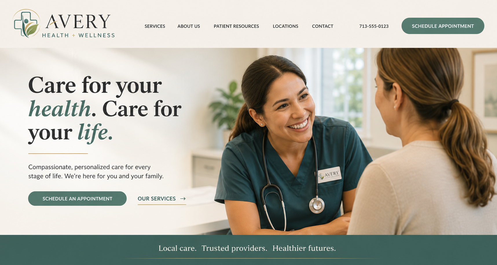Healthcare website design for Avery Health + Wellness featuring primary care services and appointment scheduling