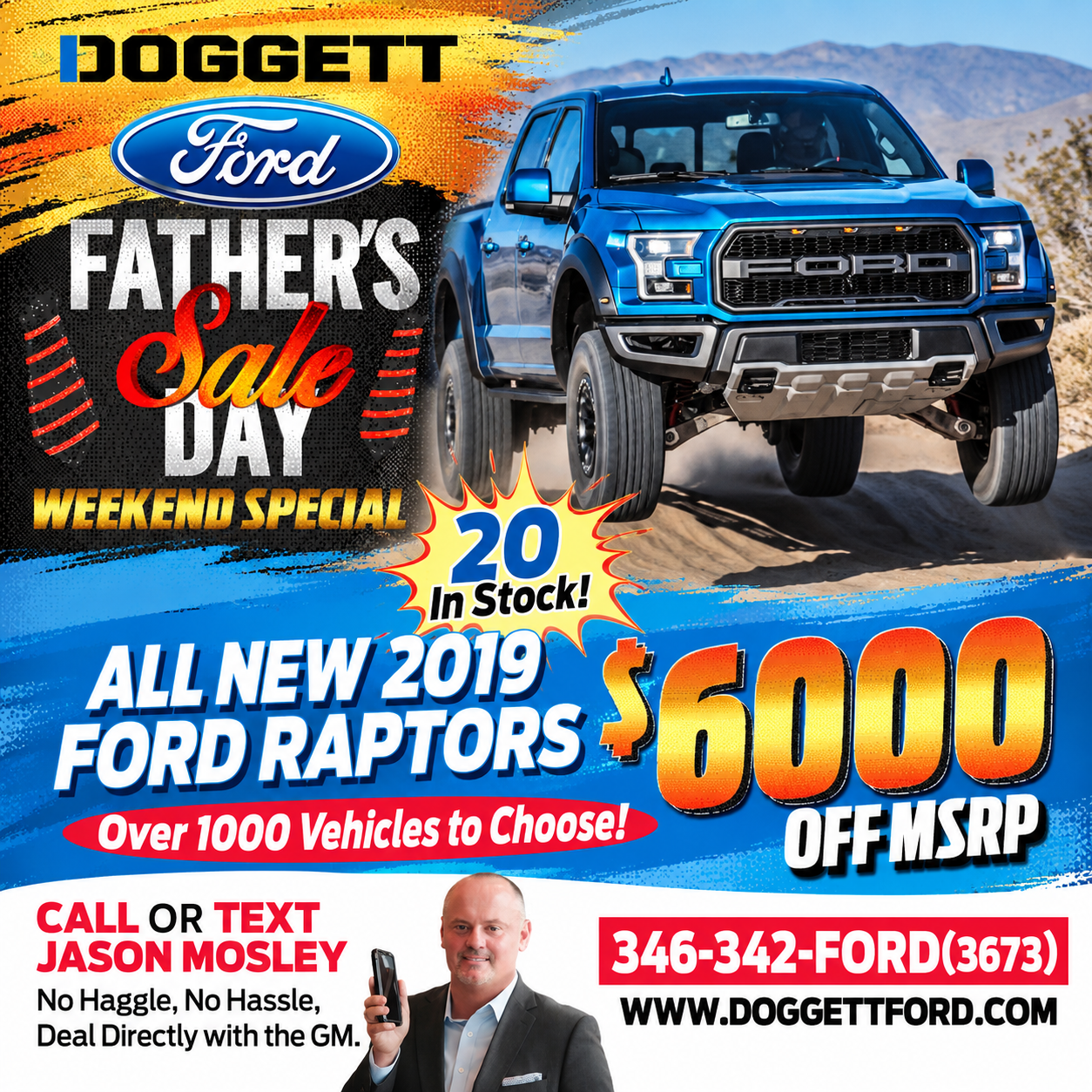 Doggett Ford Father's Day automotive advertising campaign featuring Ford Raptor promotion