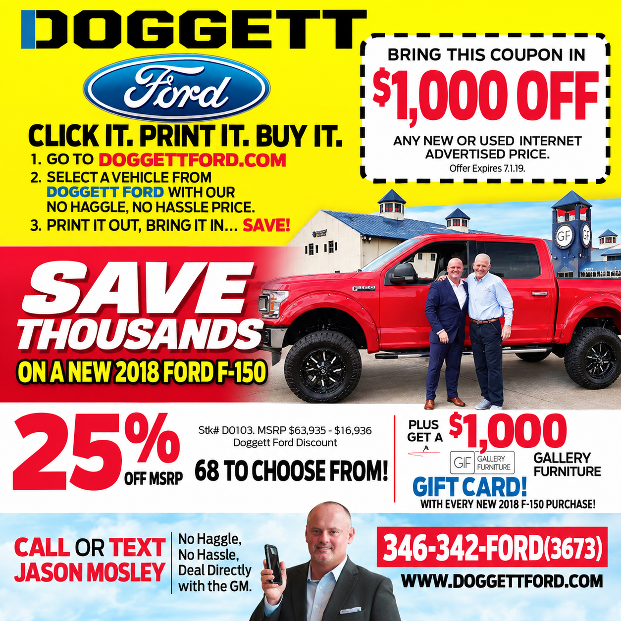 Doggett Ford promotional advertising campaign featuring F-150 sales offer and digital coupon