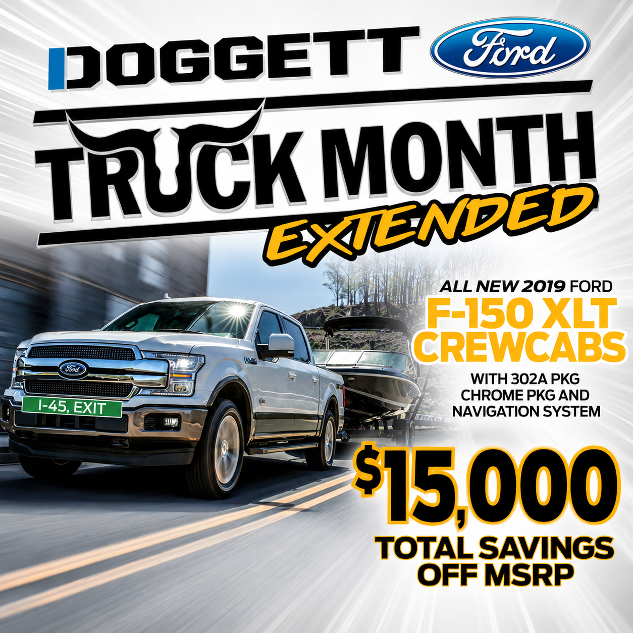 Doggett Ford Truck Month automotive sales advertising featuring Ford F-150 promotion
