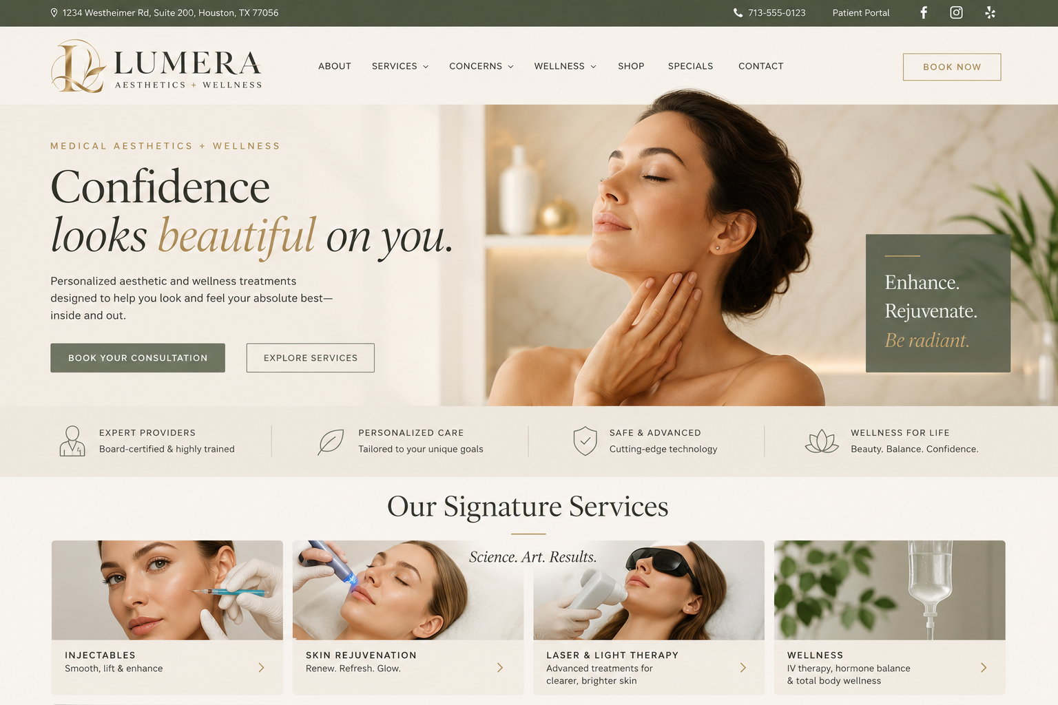 Lumera aesthetics and wellness website design featuring services and appointment marketing